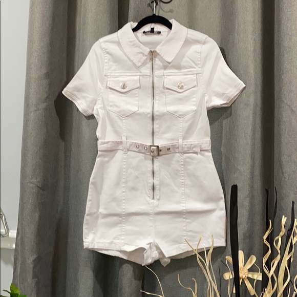 zip front short sleeve stretch denim playsuit